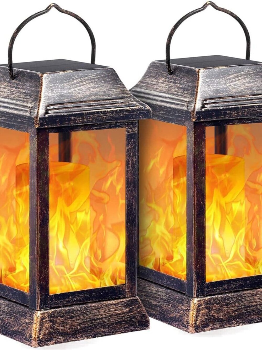 Flickering Flame Solar Lights Outdoor Metal Hanging Lantern, 2 Pack